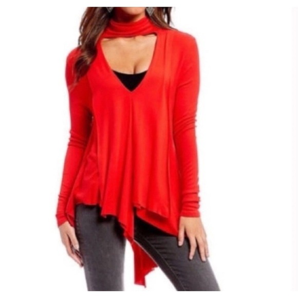 Free People Large Uptown Choker Turtleneck Swing Red Tunic V Neck top Shirt - Picture 7 of 8